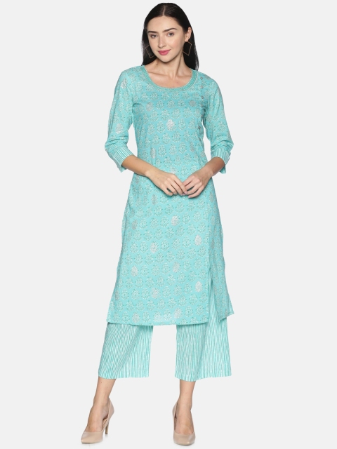 

Saffron Threads Women Turquoise Blue & White Floral Printed Cotton Kurta