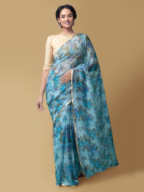 

Unnati Silks Blue Pure Chiffon Printed Baluchari Saree
