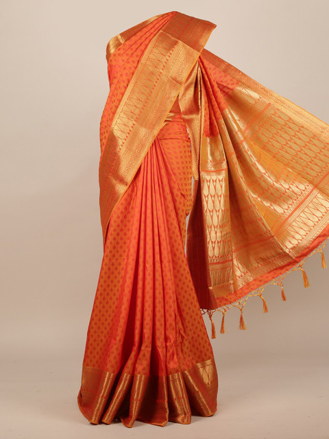 

Pothys Orange & Gold-Toned Jute Silk Woven Design Saree