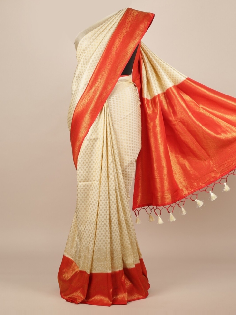 

Pothys Cream-Coloured & Orange Jute Silk Woven Design Saree