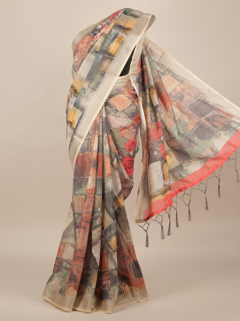 

Pothys Green & Orange Linen Blend Printed Saree