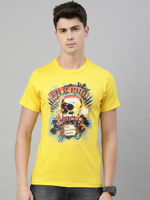 

QUANCIOUS Men Yellow Organic Cotton Printed Round Neck Sustainable T-shirt