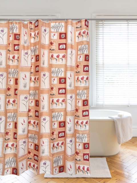 

Clasiko Peach-Color & White Printed Bath Shower Bathroom Curtain With Hooks