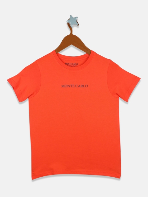 

Monte Carlo Boys Orange Solid Round Neck T-shirt With Printed Detailing