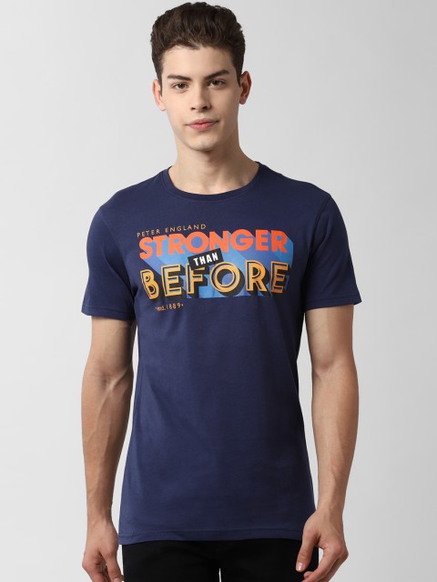 

Peter England Men Navy Blue Cotton Printed Round Neck Pure Cotton T-shirt