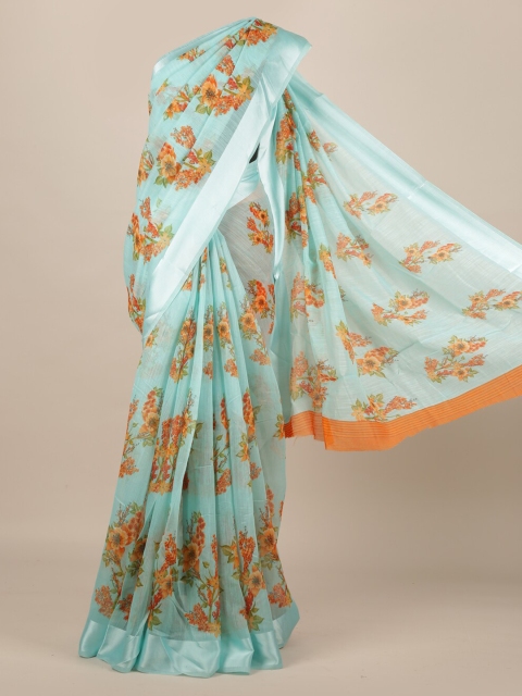 

Pothys Turquoise Blue Floral Printed Jute Silk Saree