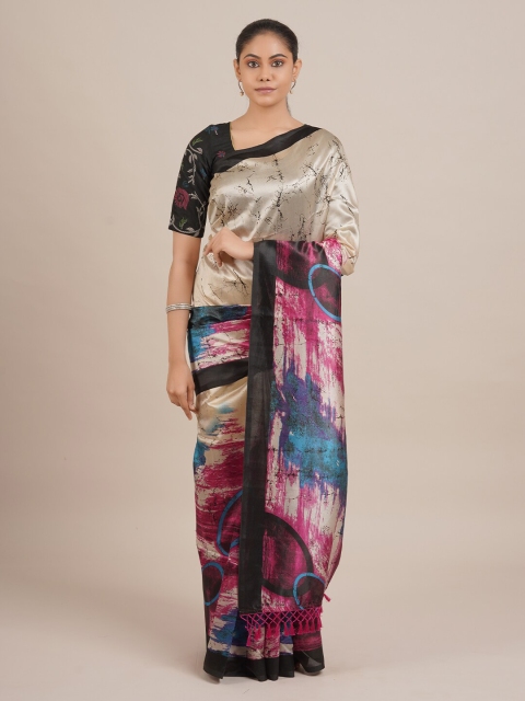 

Pothys Cream-Coloured & Pink Jute Silk Printed Saree