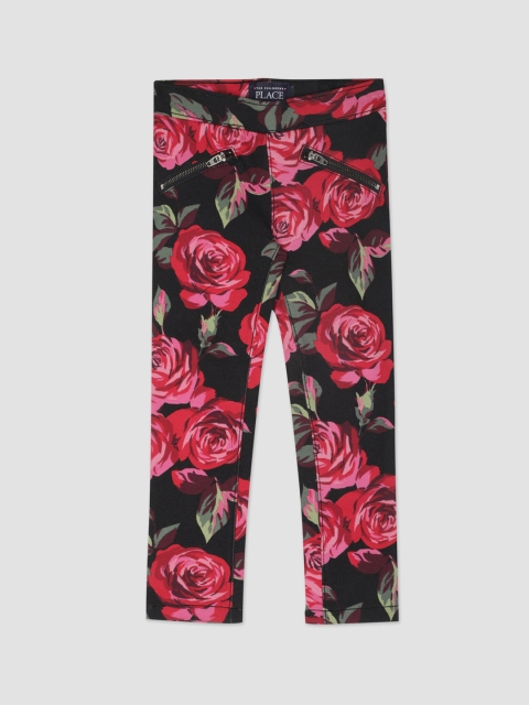 

The Childrens Place Girls Black & Red Floral Printed Treggings