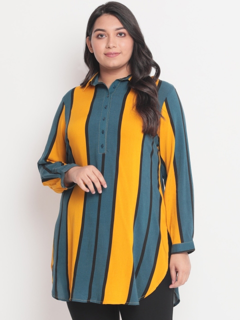 

Amydus Yellow & Teal Blue Striped Shirt Style Longline Top