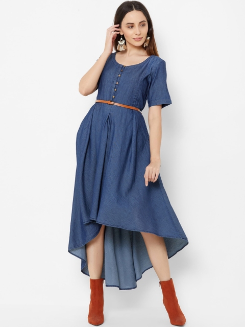 

ZOLA Women Navy Blue Solid A-line Dress with Belt