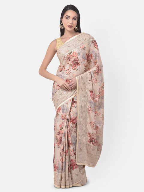 

Neerus Beige & Pink Poly Crepe Printed Saree
