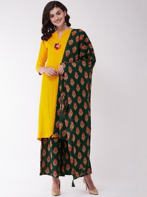 

InWeave Women Mustard Solid Kurti with Trousers & Dupatta