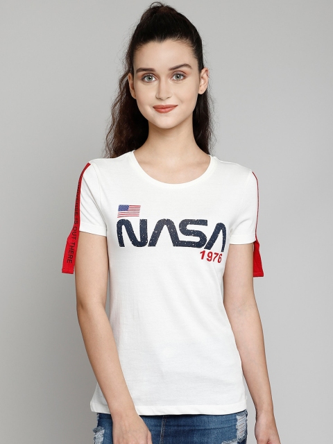 

Free Authority Women White Printed NASA Round Neck T-shirt