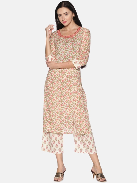 

Saffron Threads Women Off White & Pink Jaipuri Printed Cotton Kurta