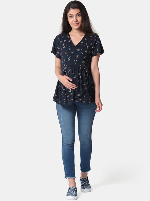 

The Mom Store Black & White Floral Print Flared Sleeves Pure Cotton Maternity Nursing Top