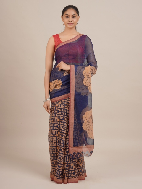 

Pothys Blue & Cream-Coloured Poly Georgette Printed Saree