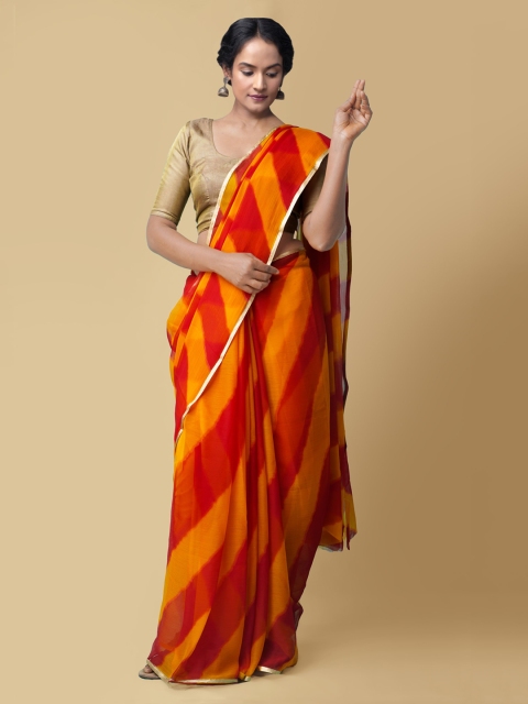 

Unnati Silks Red & Orange Pure Chiffon Checked Baluchari Saree