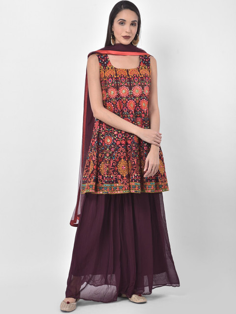 

Neerus Women Maroon Embroidered Kurti with Skirt & Dupatta