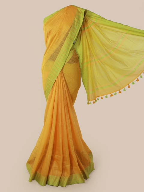 

Pothys Yellow & Green Linen Blend Solid Saree