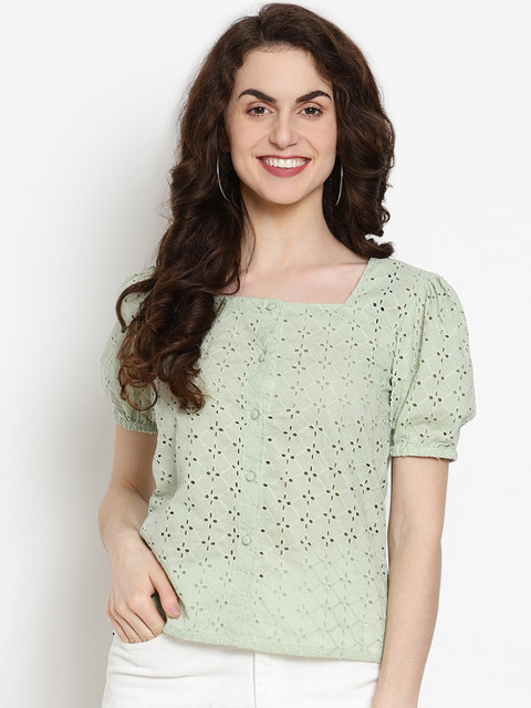 

VANCA ECO Green Puff Sleeves Cotton Blend Sustainable Regular Top
