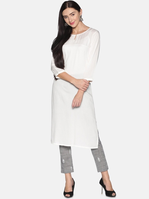 

Saffron Threads Women White Keyhole Neck Dobby Kurta