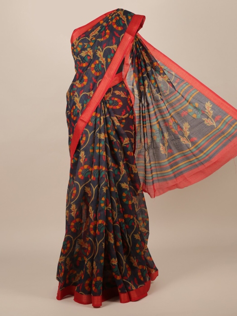 

Pothys Navy Blue & Orange Jute Silk Printed Saree
