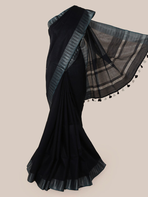 

Pothys Navy Blue Solid Linen Blend Saree With Tasseled Pallu