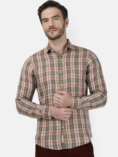 

Monte Carlo Men Olive Green & White Regular Fit Checked Linen Casual Shirt