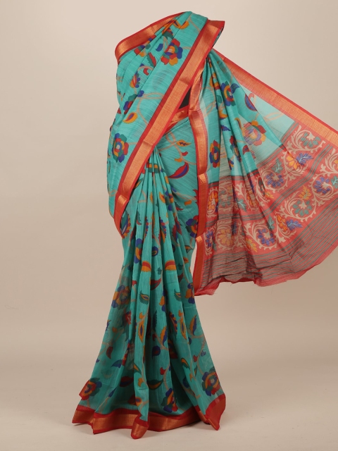 

Pothys Teal Printed Jute Silk Saree