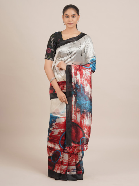 

Pothys Cream-Coloured & Red Jute Silk Printed Saree