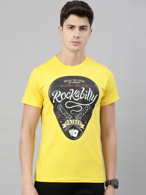 

QUANCIOUS Men Yellow & Black Organic Cotton Printed Round Neck T-shirt