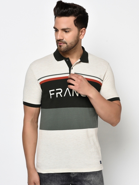 

Octave Men Cream-Coloured Striped Polo Collar Cotton T-shirt
