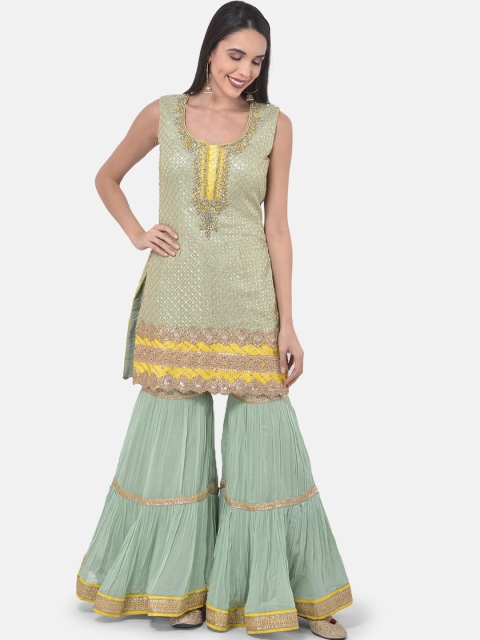 

Neerus Women Olive Green Embroidered Kurti with Sharara & Dupatta