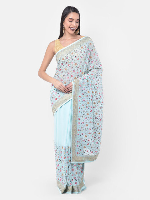 

Neerus Blue Embroidered Poly Georgette Saree