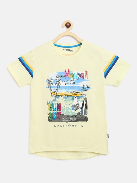 

Lil Tomatoes Boys Yellow & Blue Printed Cotton Round Neck T-shirt