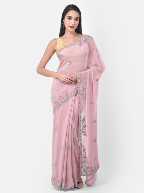 

Neerus Peach-Coloured Embellished Poly Crepe Saree