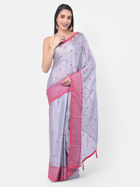

Neerus Silver-Toned & Pink Poly Chiffon Embroidered Saree
