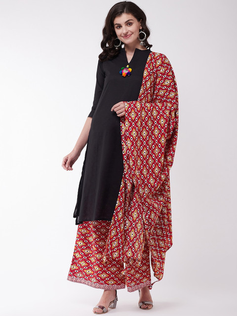

InWeave Women Black & Red Solid Pure Cotton Kurta with Palazzos & Dupatta