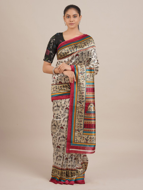 

Pothys Cream-Coloured & Pink Jute Silk Printed Saree