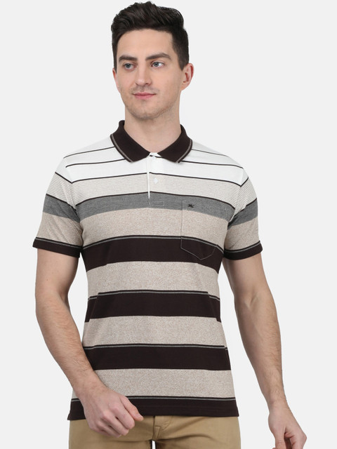 

Monte Carlo Men White & Brown Striped Polo Collar T-shirt