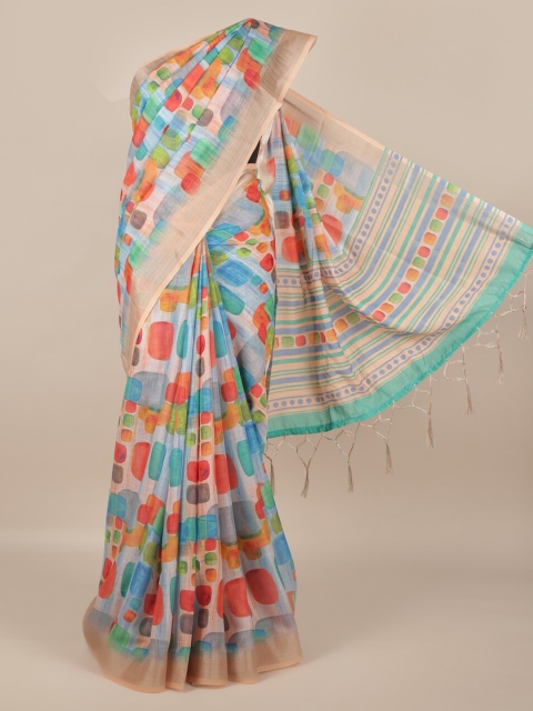 

Pothys Blue & Red Linen Blend Printed Saree
