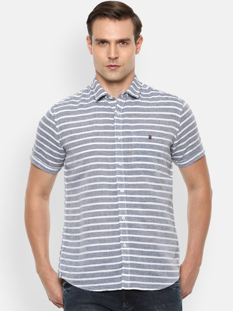 

Louis Philippe Jeans Men Blue & White Slim Fit Striped Casual Linen Cotton Shirt