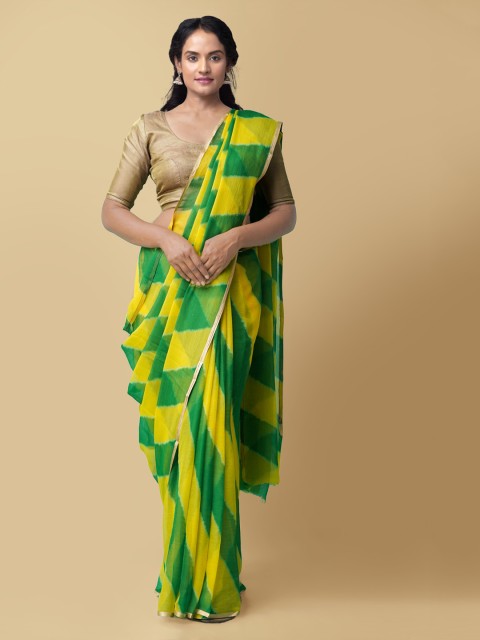 

Unnati Silks Green & Yellow Pure Chiffon Checked Baluchari Saree