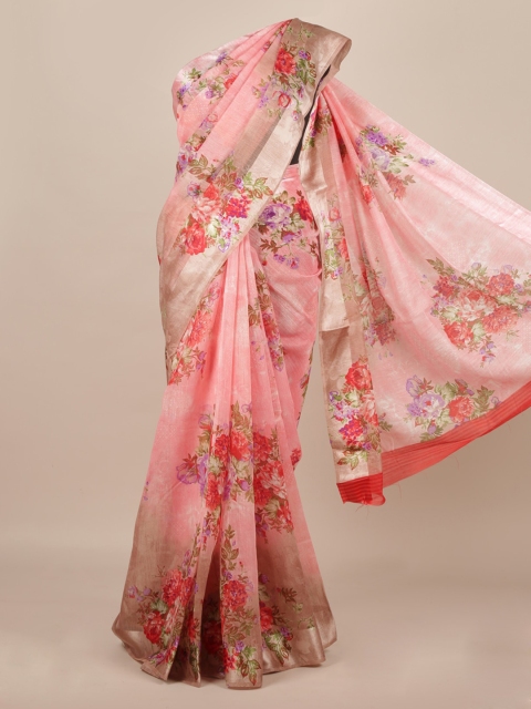 

Pothys Pink Floral Printed Jute Silk Saree