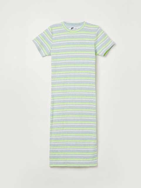 

Fame Forever by Lifestyle Girls Fluorescent Green & Grey Striped Pure Cotton T-shirt Dress