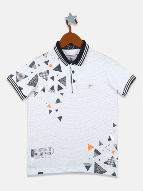 

Monte Carlo Boys White & Grey Cotton Geometric Print Polo Collar T-shirt