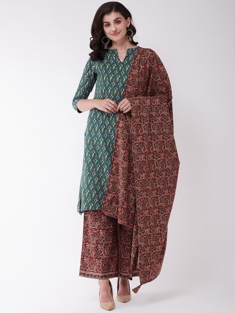 

InWeave Women Green & Maroon Printed Kurta with Palazzos & Dupatta