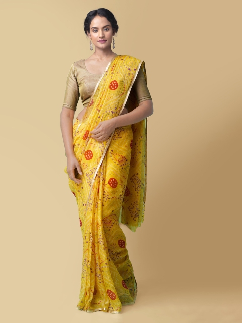 

Unnati Silks Yellow Pure Chiffon Printed Baluchari Saree