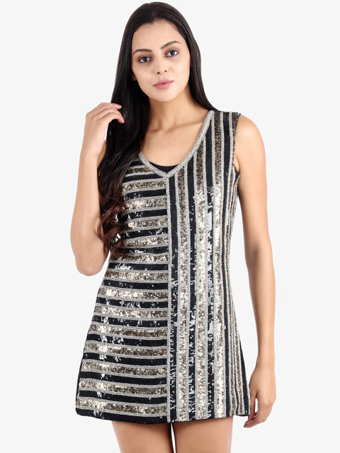 

Diwaah Women Silver-Toned & Black Striped Sequined A-Line Dress