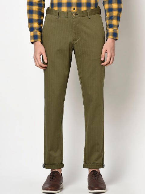

Blackberrys Men Olive Green Skinny Fit Striped Formal Trousers
